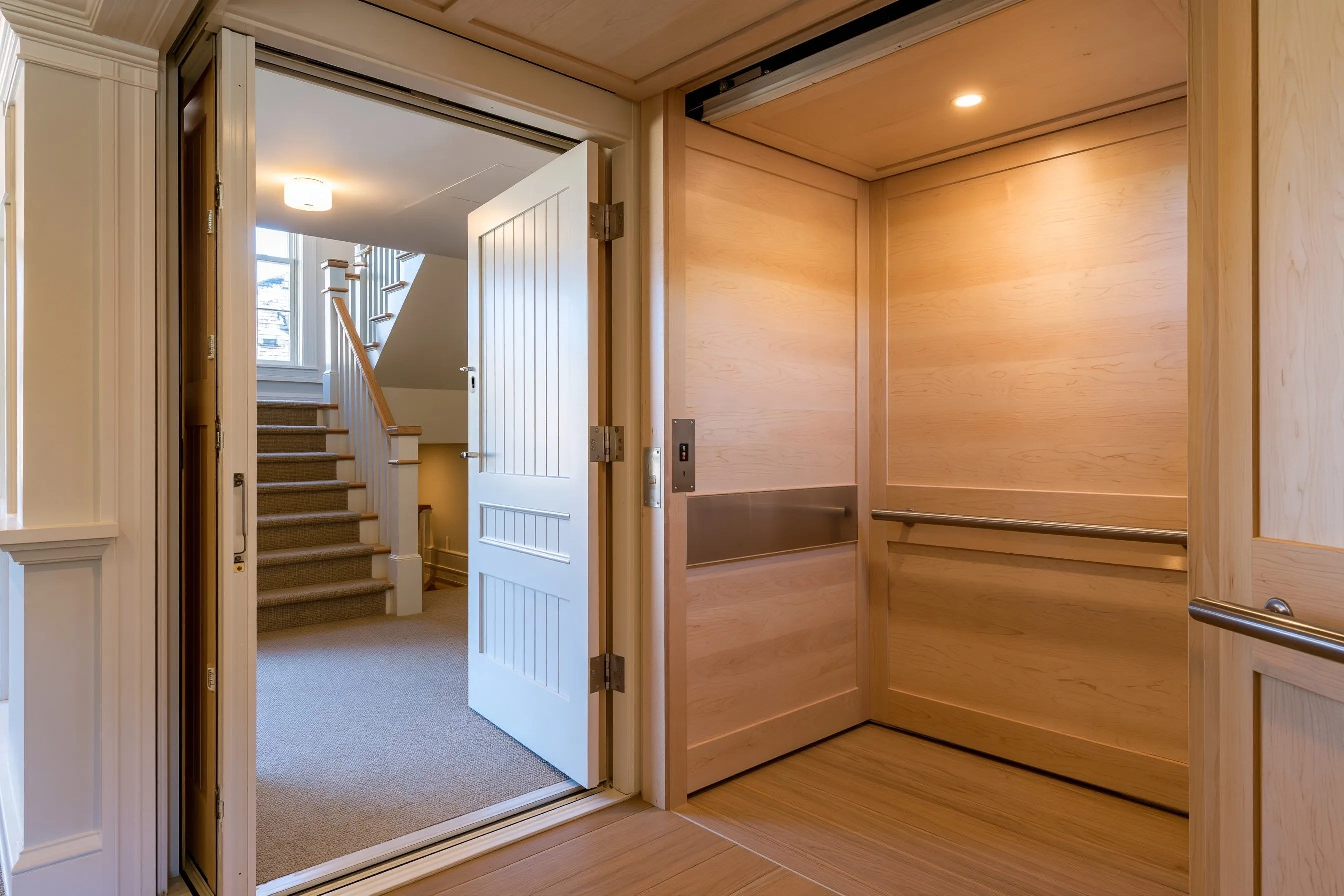 Inside an open elevator cab: pale wood panels, a metal handrail and a carpeted hall and stair beyond the door