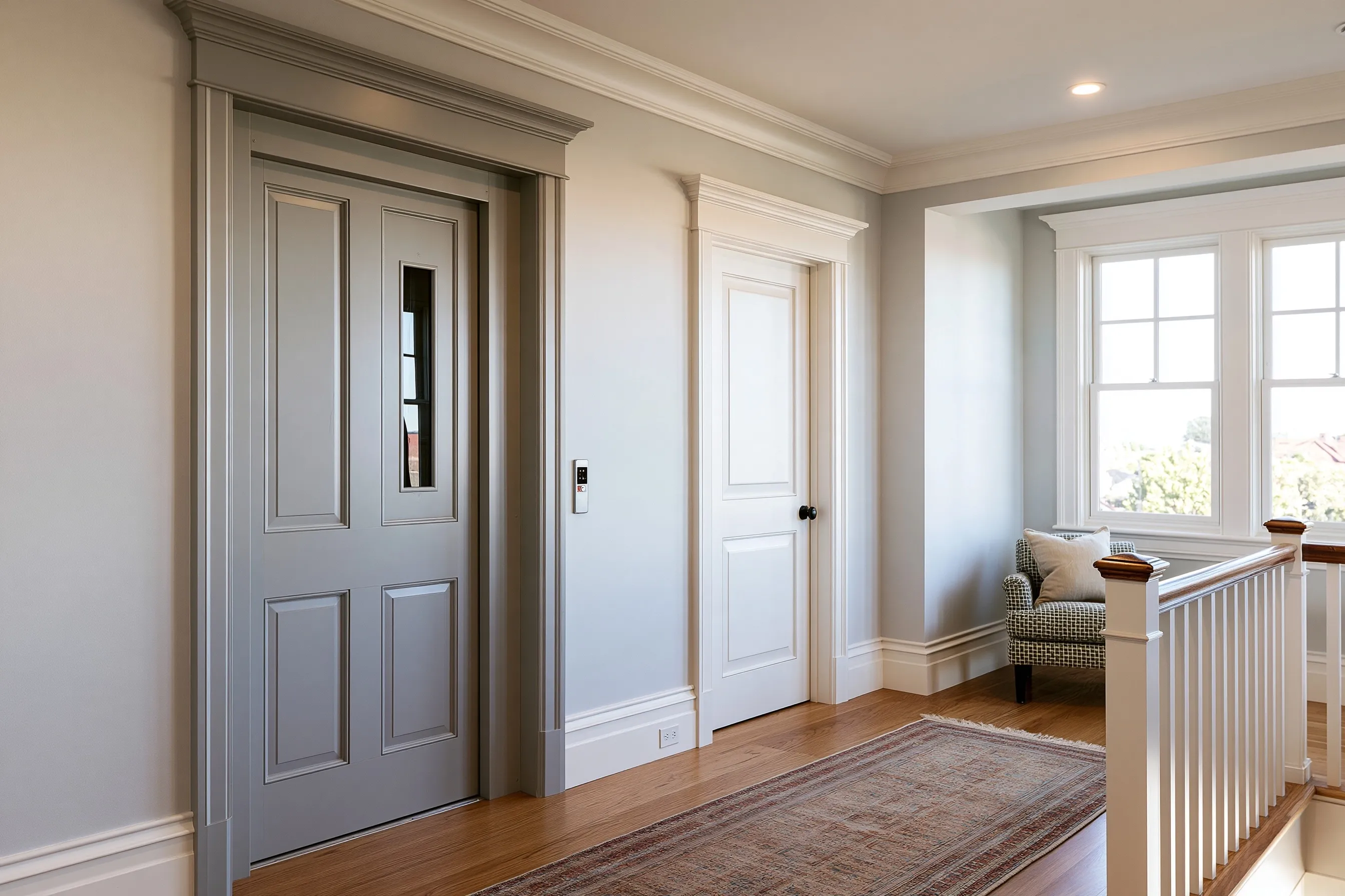 Upstairs hallway with a closed painted elevator door with a narrow window and a call button beside it