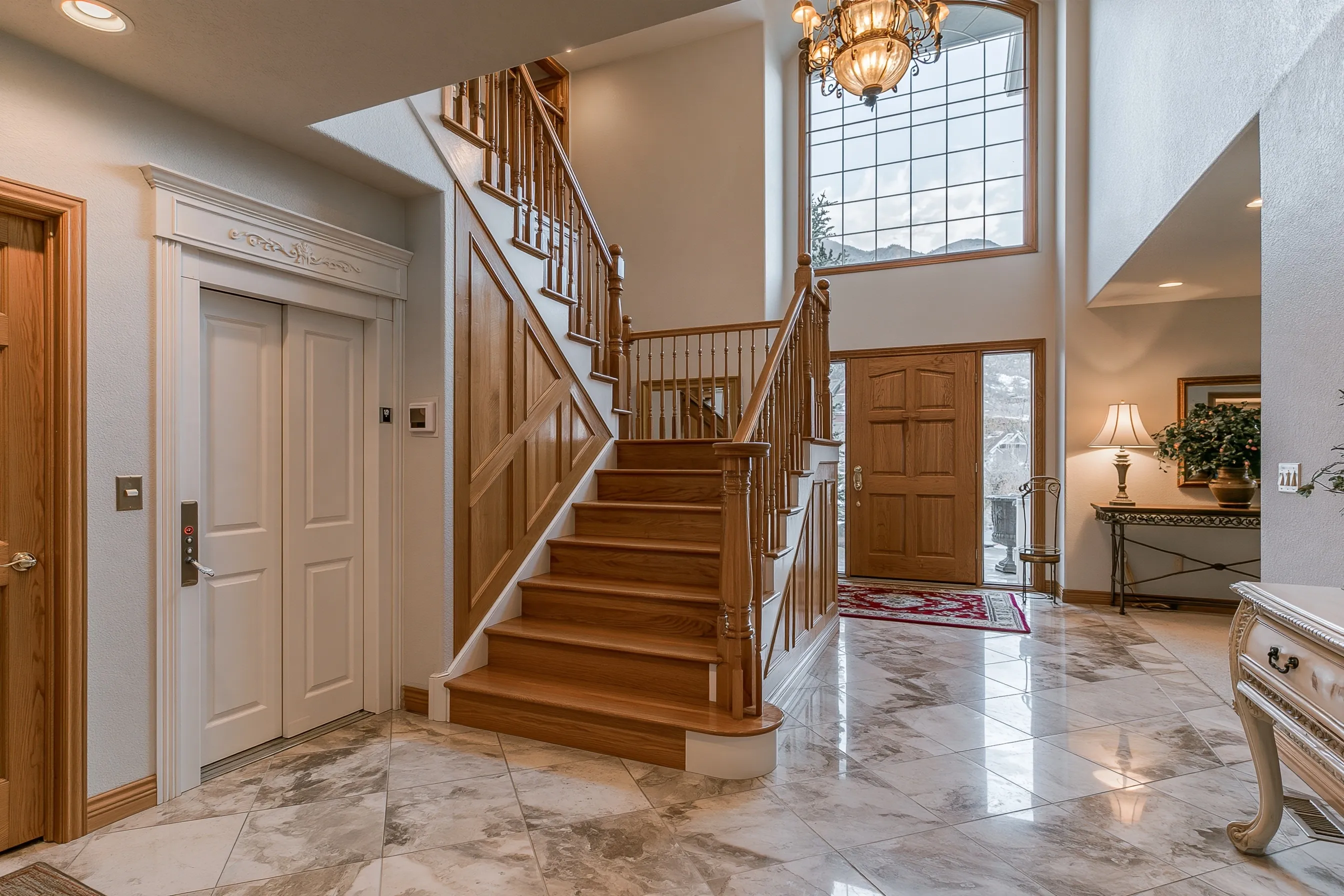 Two-story entry hall with a painted elevator door beside the main stair, a tile floor and a tall window above the front door