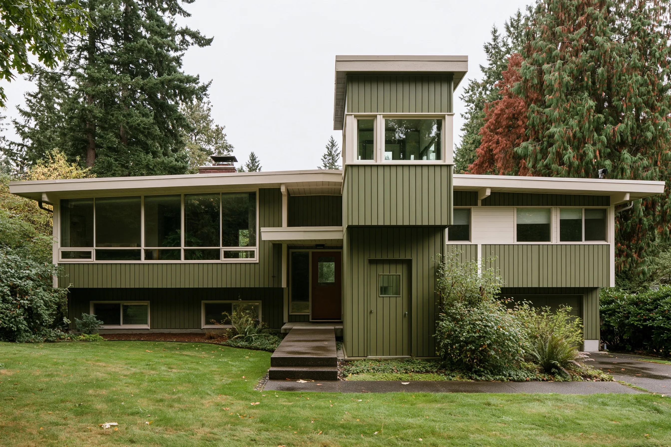 Slim two-story elevator addition clad in the same vertical board siding as a 1970s split-level, beside its front door, with a concrete path up to it