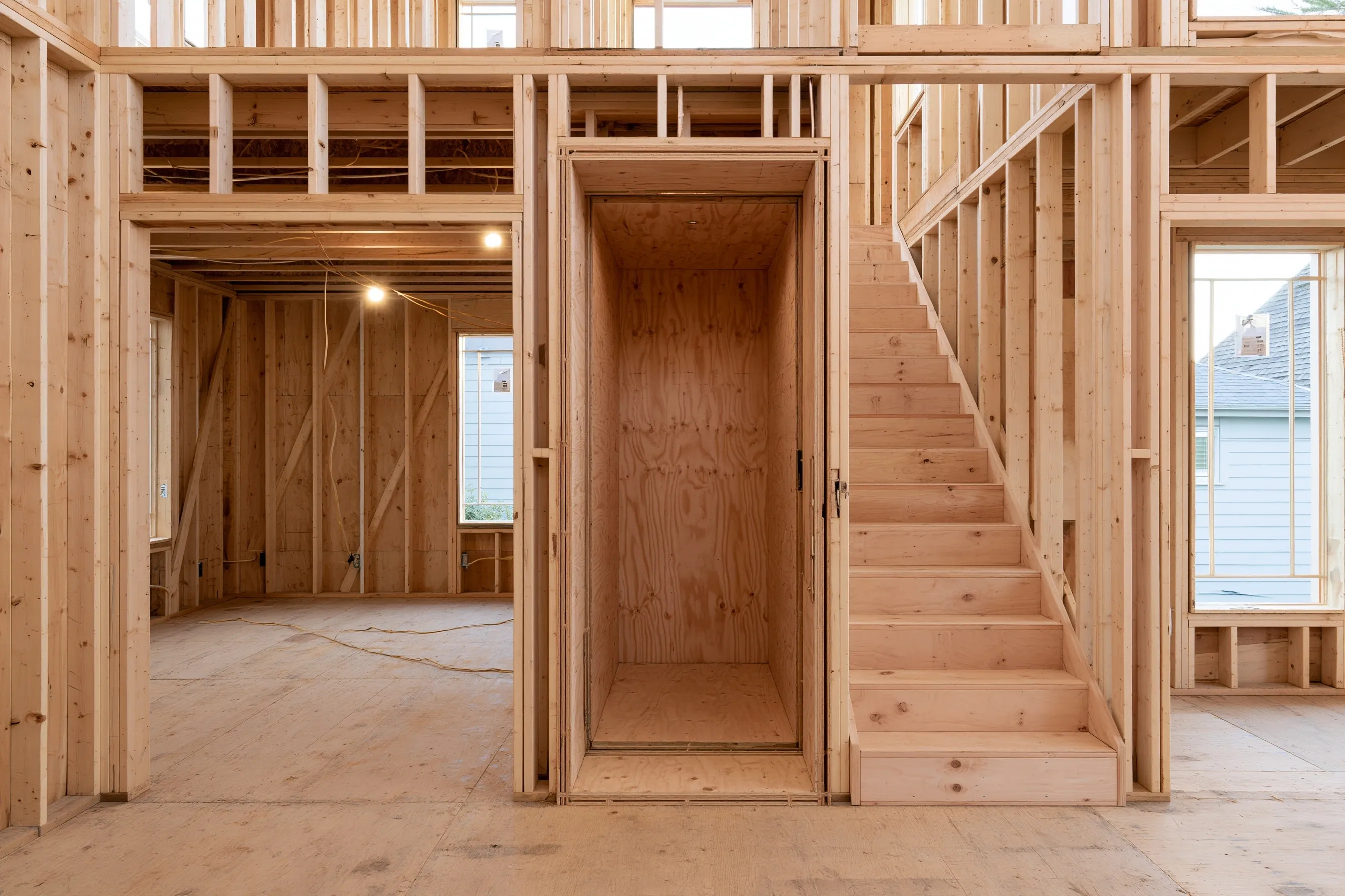 House under construction with an empty plywood-lined elevator shaft framed beside the unfinished stair