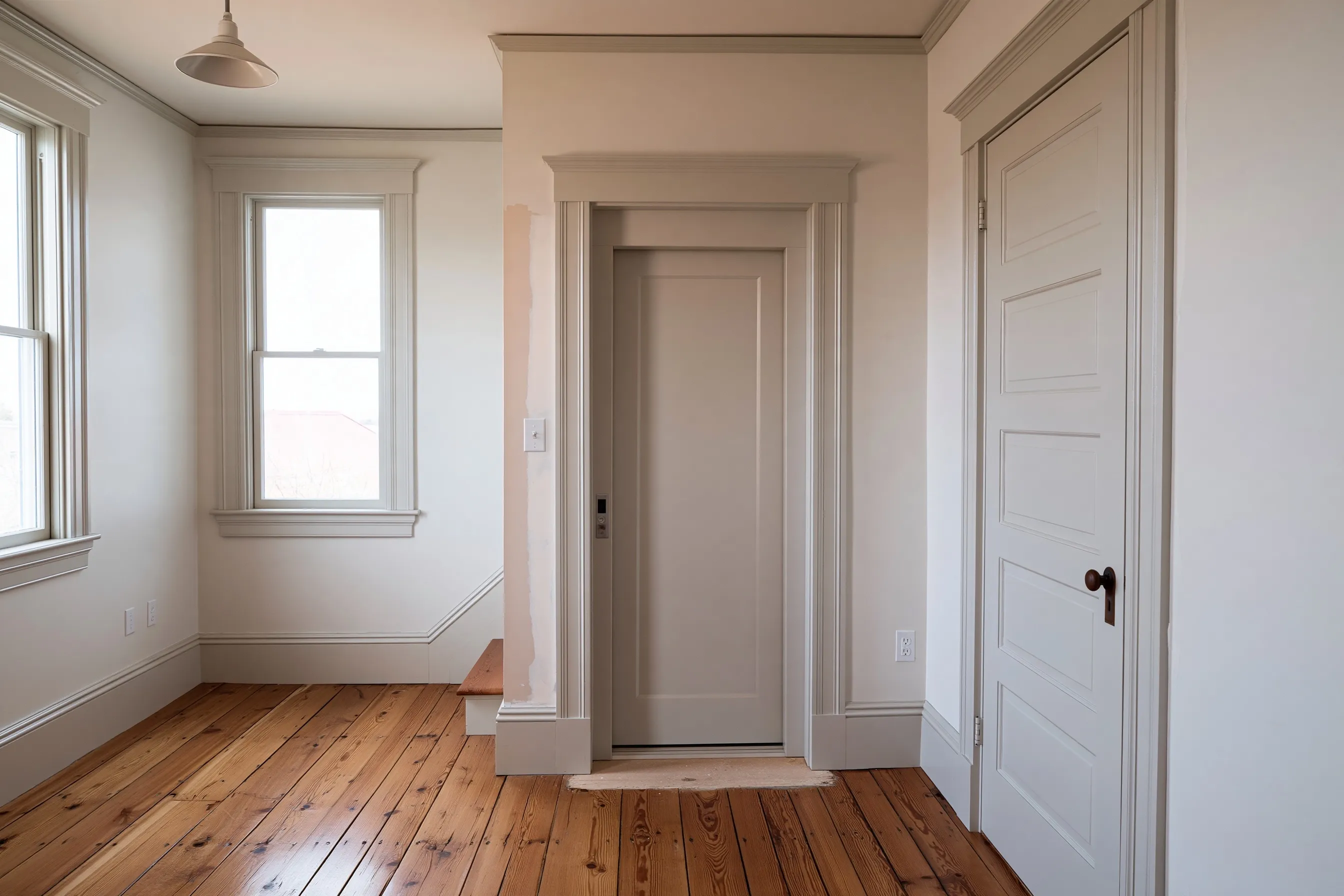 Hall of an older two-story house where a new elevator door has replaced a closet, cased in trim like the rest of the hall, on a fir floor