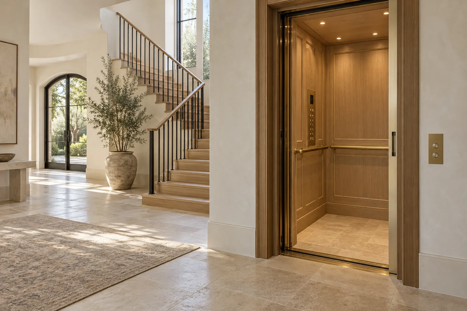 Residential elevator cabin with oak finishes beside an interior staircase